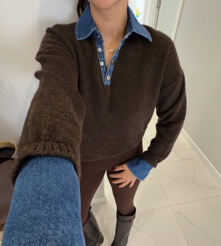 Denim-Collar Wool Sweater بلوزة صوف بقبة جينز
