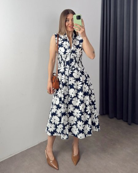 فستان مزموم الخصر مورد🌸