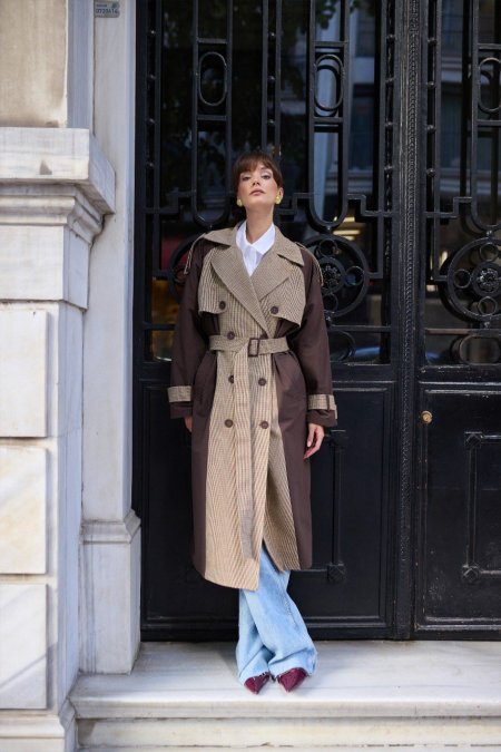 Two-Tone Checked Trench Coat with Waist Belt