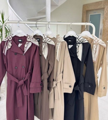 ترانش كوت طويل مع شالة وزنار خصر